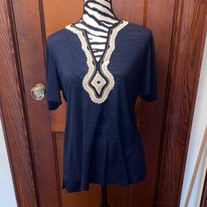 Tory Burch Midnight Blue Top with Gold Detailing